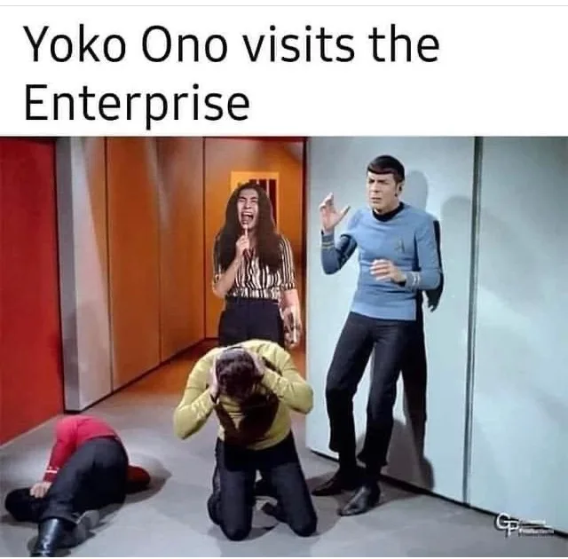 A still from Star Trek: The Original Series shows Spock standing calmly while Yoko Ono, in a striped shirt, screams with her…