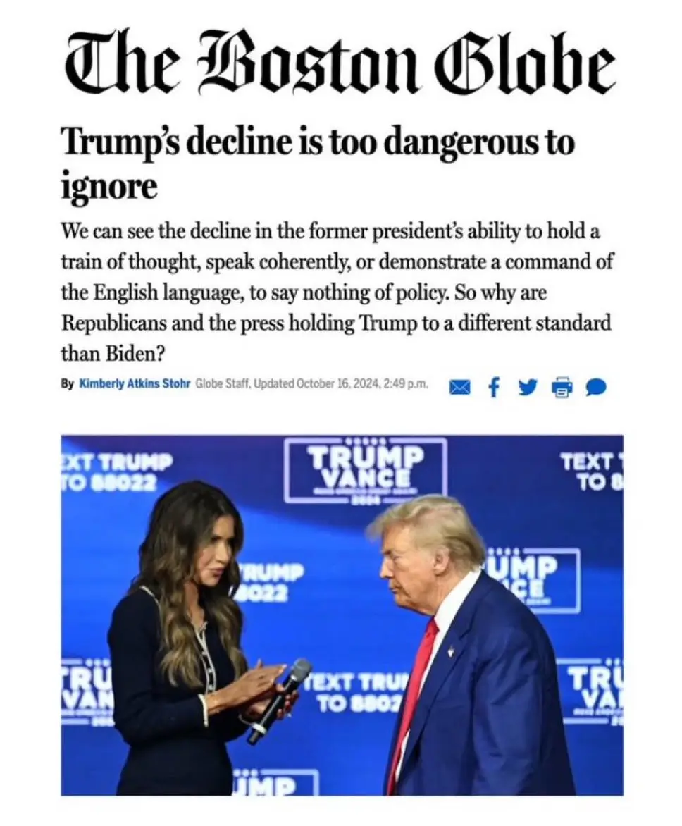 The image displays a screenshot of a Boston Globe article with the headline 'Trump's decline is too dangerous to ignore'…