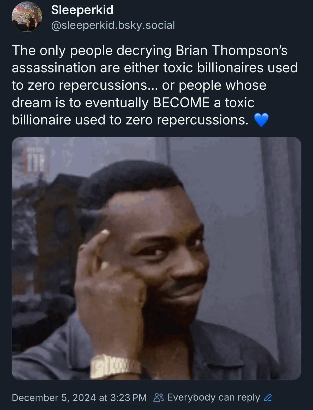 A screenshot of a social media post by 'Sleeperkid' featuring a photo of a Black man with a smug, self-satisfied expression…