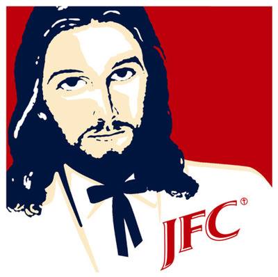 A stylized image of Jesus Christ with long dark hair and a beard, wearing a white shirt and black bow tie, set against a red…