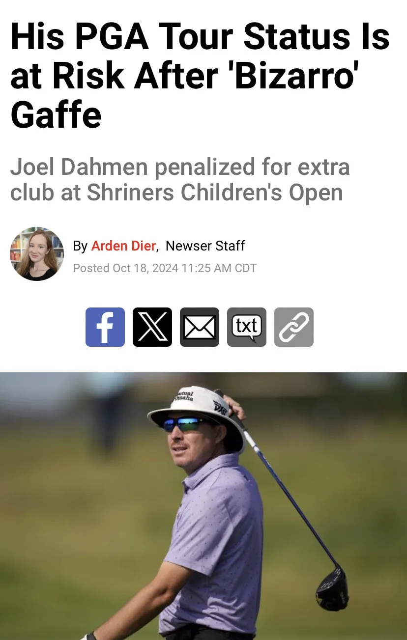 A screenshot of a news article about golfer Joel Dahmen being penalized for carrying an extra club at the Shriners…