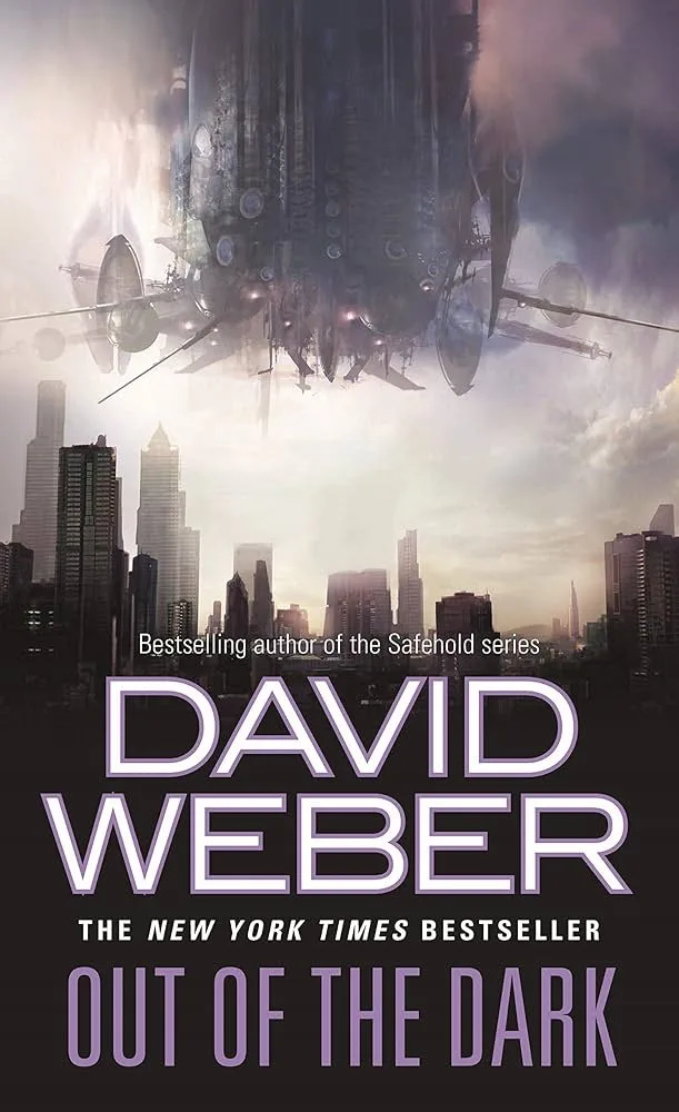 A science fiction book cover featuring a massive, intricate spaceship hovering over a futuristic city skyline at dawn or…