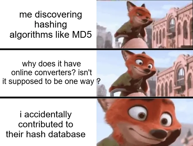 The image is a three-panel meme featuring the animated fox character Nick Wilde from Zootopia. In the first panel, Nick…