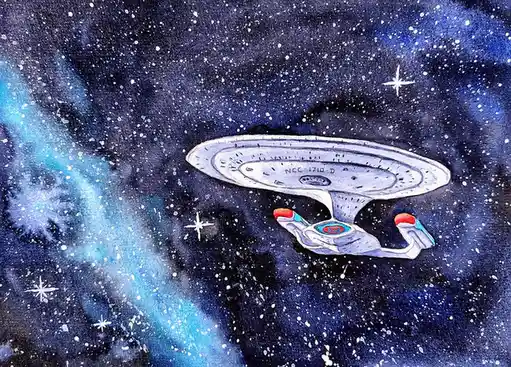 A watercolor painting depicts the Star Trek USS Enterprise NCC-1701-D spaceship floating in a starry, nebula-filled space…