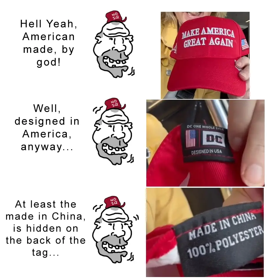 A three-panel meme showing a cartoon character with a 'NO IQ' hat reacting to a red 'MAKE AMERICA GREAT AGAIN' cap. The…
