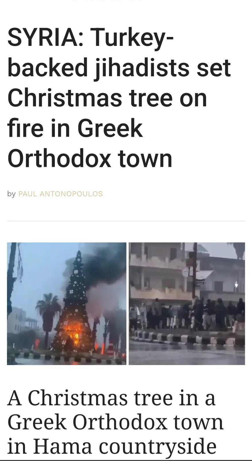 A news article screenshot shows a burning Christmas tree in a town, with smoke rising and people gathered nearby. The…
