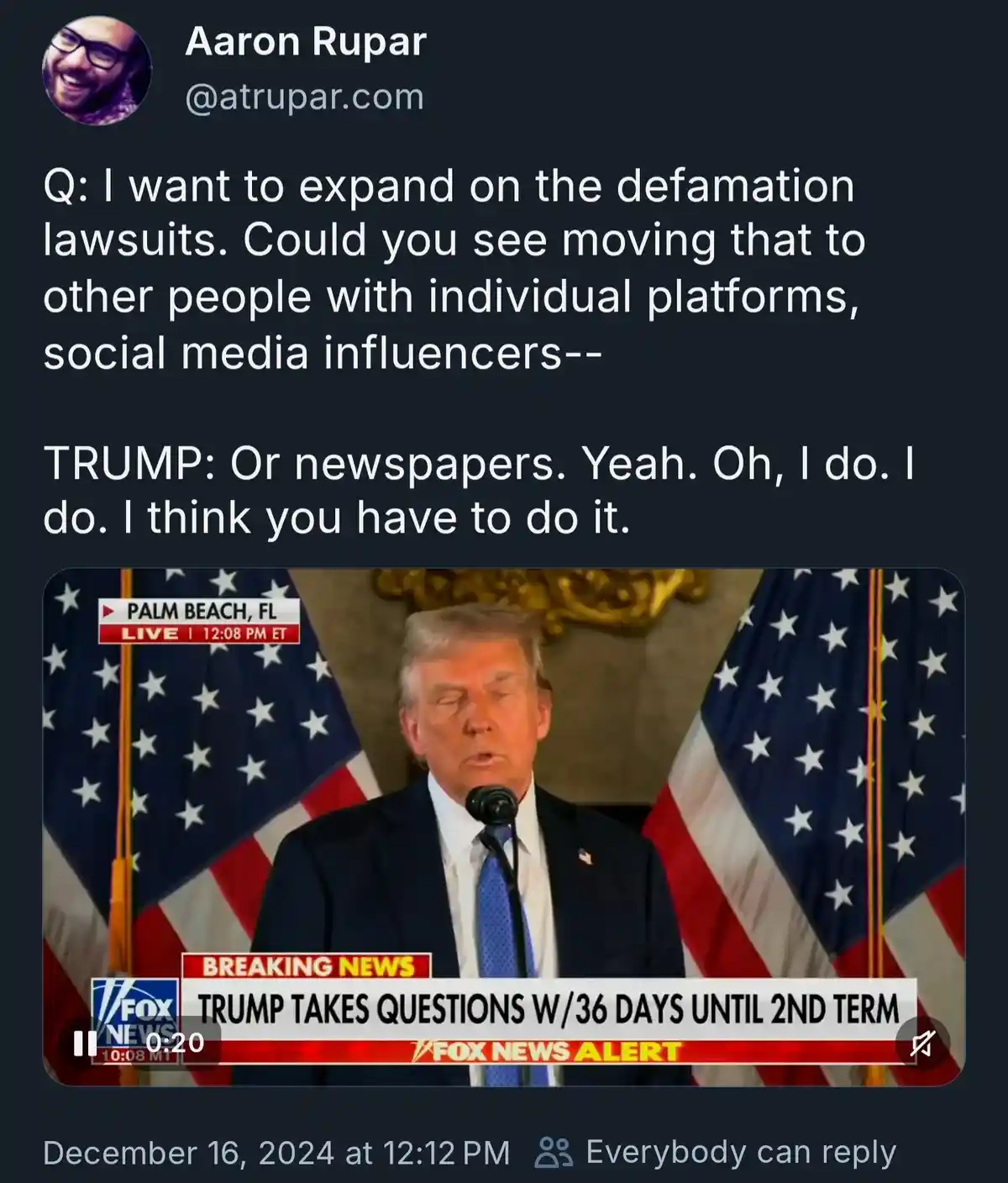 A screenshot of a tweet by Aaron Rupar shows a Fox News video clip of Donald Trump speaking at a press event in Palm Beach…