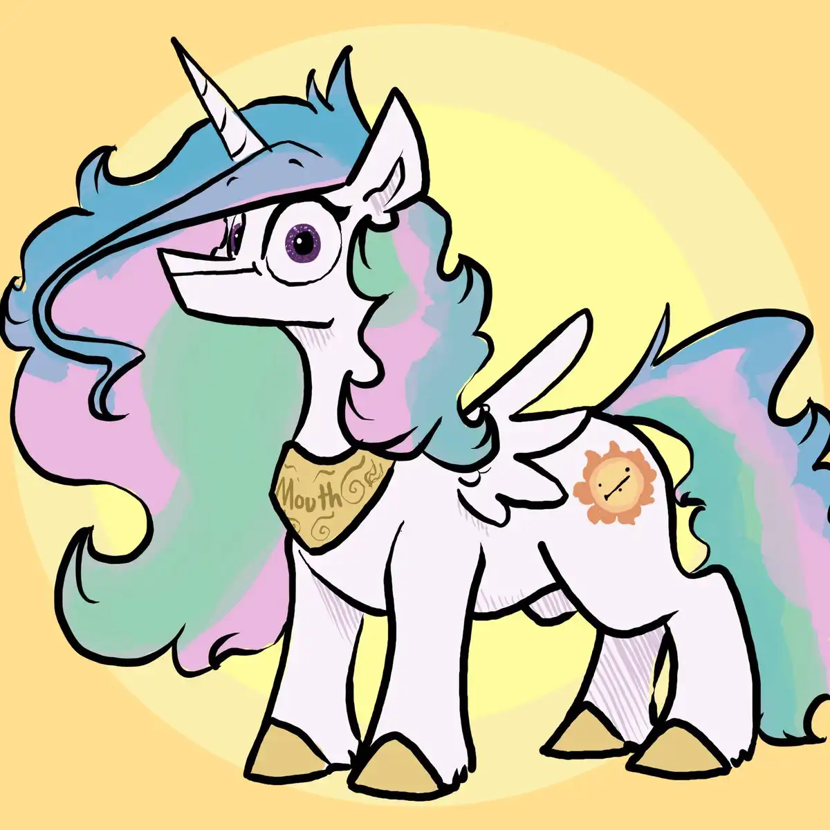 A cartoon unicorn with a rainbow-colored mane and tail, wearing a golden collar that reads 'Mouth God', stands against a…