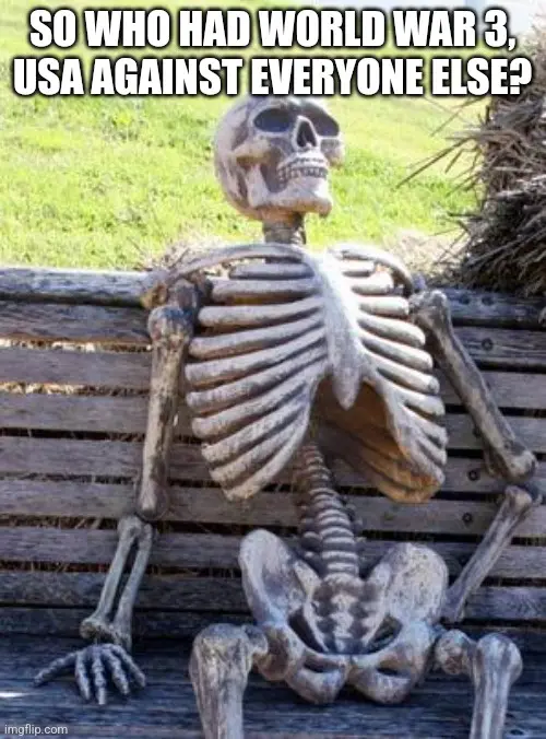 A plastic skeleton sits on a wooden bench outdoors, looking upward with a confused or questioning expression. The image has…