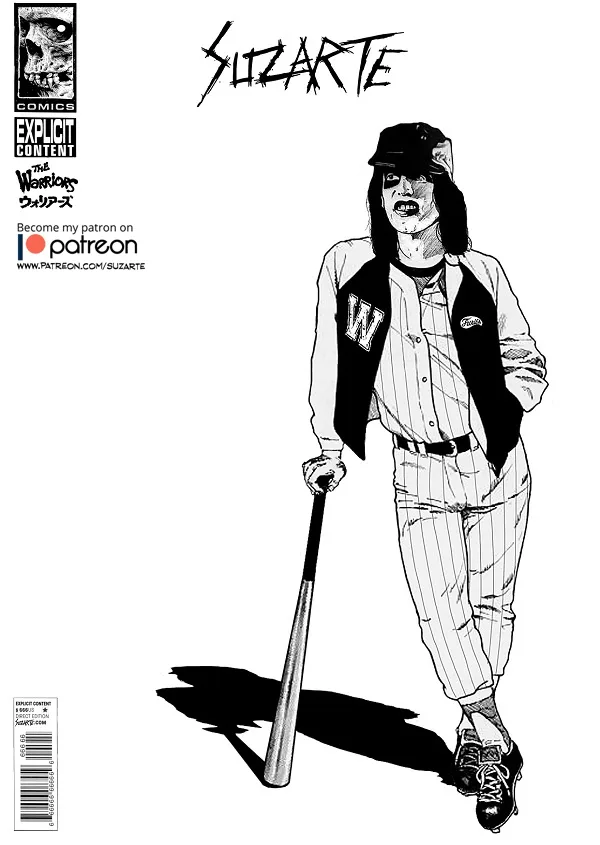 A black-and-white comic book cover by artist Suzarte, featuring a menacing baseball player in pinstriped uniform and cap…