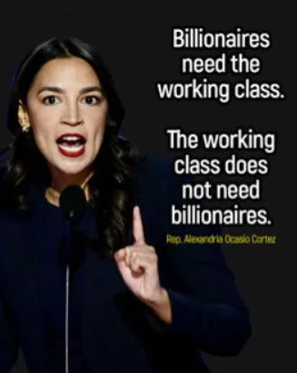 A photo of Rep. Alexandria Ocasio-Cortez speaking at a podium, pointing her finger upward with a serious expression…