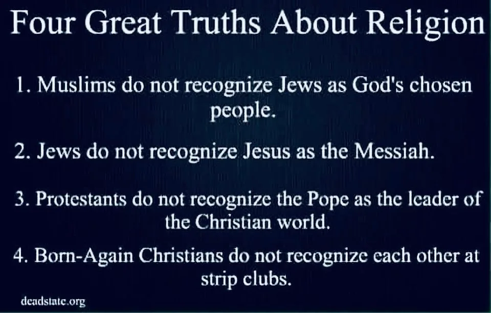 A dark blue textured background displays white text listing 'Four Great Truths About Religion,' including claims about…