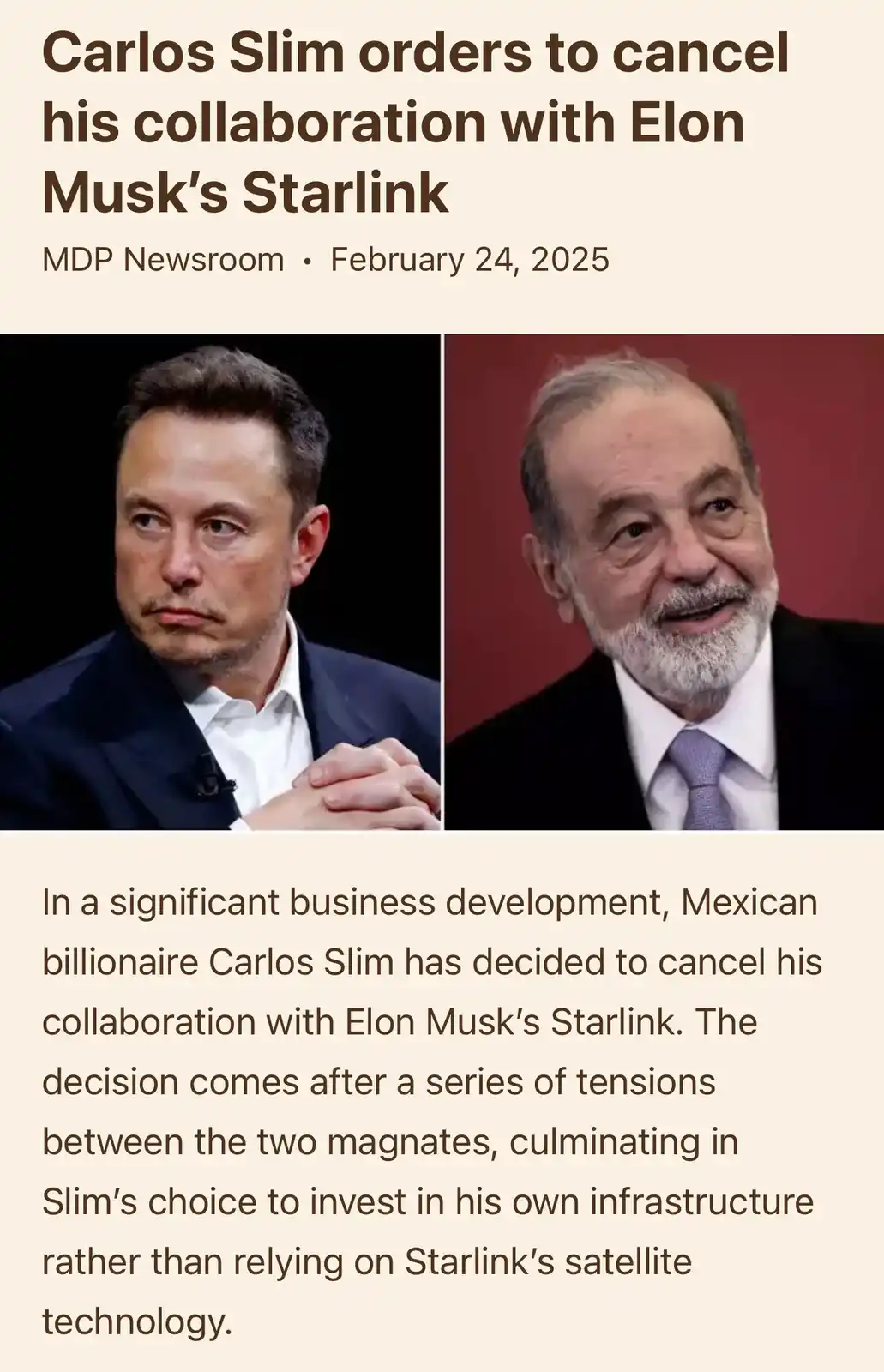 The image displays a fake news article layout with a headline and byline dated February 24, 2025, from 'MDP Newsroom'. It…