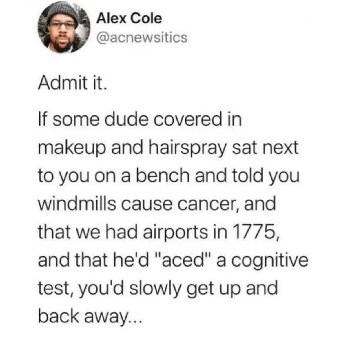 The image displays a screenshot of a tweet by Alex Cole (@acnewsitics) with a profile picture of a man wearing glasses and a…