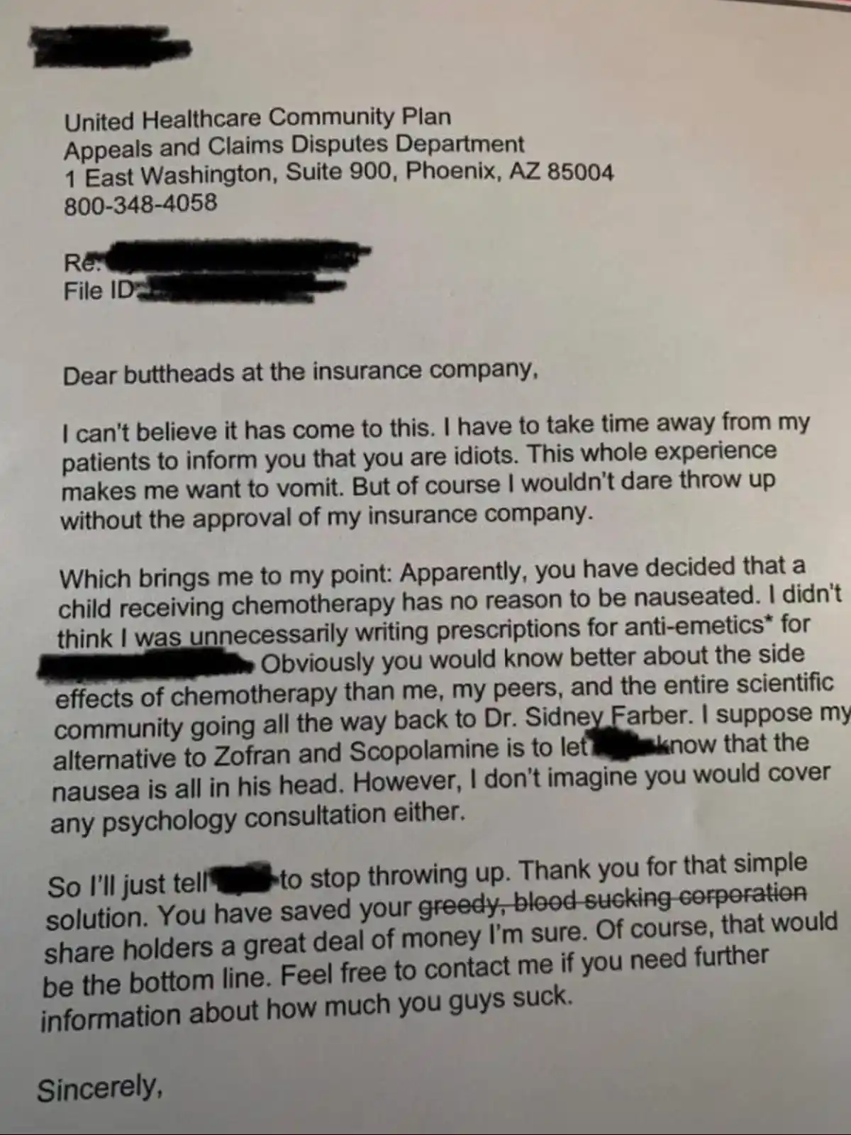 A letter from a doctor to United Healthcare's Appeals and Claims Disputes Department, sarcastically calling them 'buttheads'…