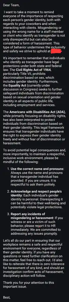 A screenshot of a formal workplace memo about respecting transgender gender identity, with a red scribble over the company…