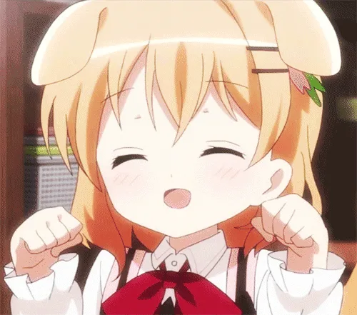A six-panel anime still shows a blonde-haired girl with bunny ears and a red bow, transitioning from a wide-eyed, excited…