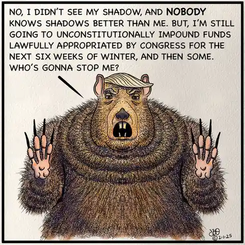 A cartoon illustration of a groundhog with Donald Trump's signature hairstyle and facial features, standing upright with…