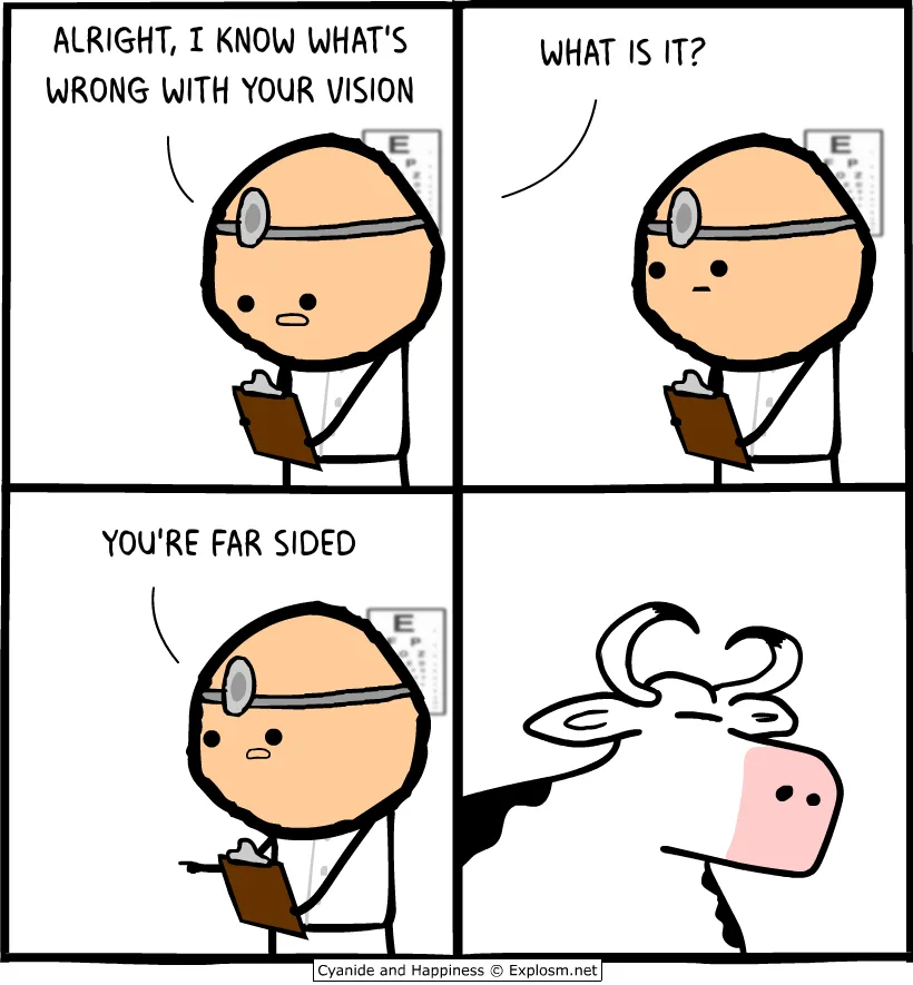 A four-panel comic strip shows a doctor with a stethoscope and clipboard diagnosing a cow. The doctor says, 'ALRIGHT, I KNOW…