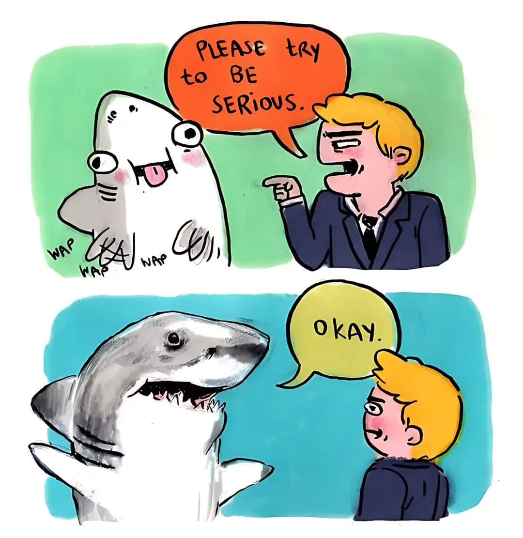 The image is a two-panel cartoon. In the top panel, a cartoon man in a suit angrily tells a cartoon shark to 'PLEASE try to…