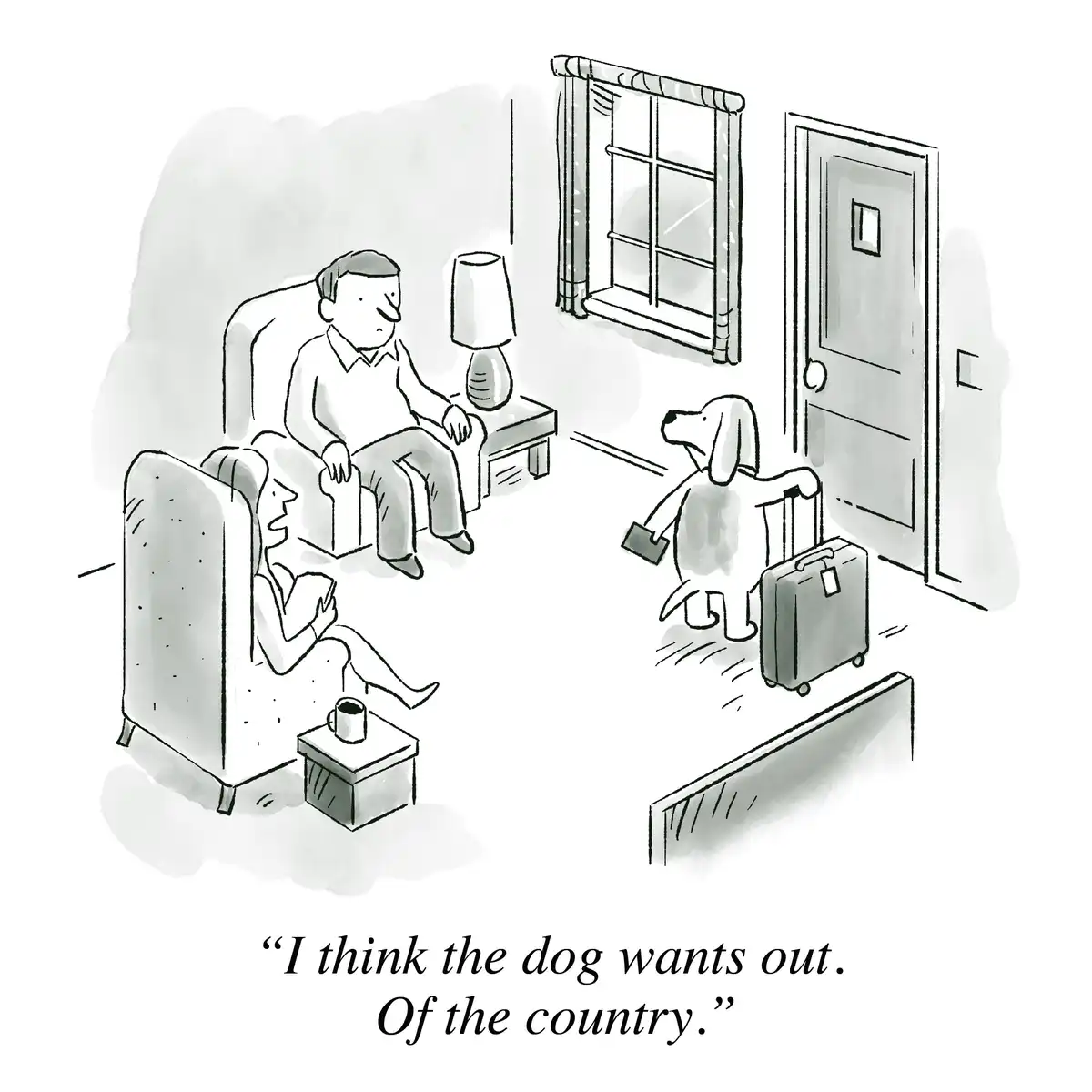 A black-and-white cartoon depicts a dog standing at a doorway with a suitcase and passport, seemingly preparing to leave…
