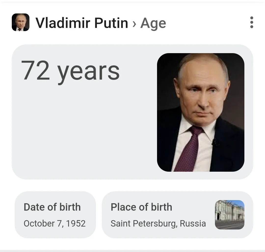 An image mimicking a digital profile or search result for Vladimir Putin, displaying his age as 72 years, birth date as…