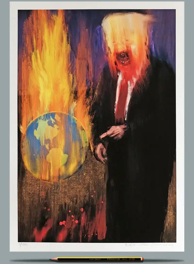 A stylized painting depicts a figure resembling Donald Trump with a fiery, distorted face, standing beside a globe engulfed…