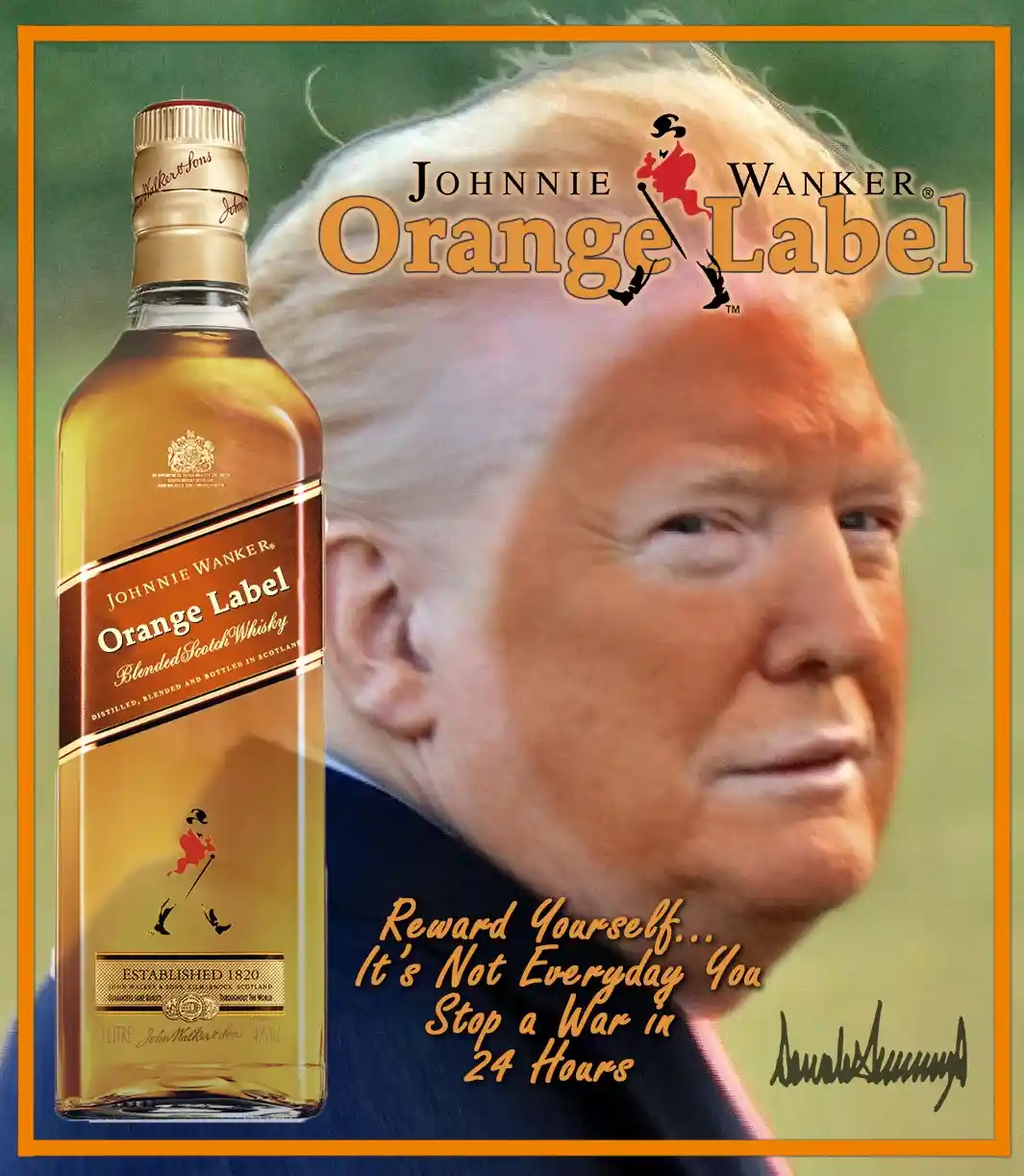 A digitally altered image features a bottle of Johnnie Walker Orange Label whisky next to a portrait of Donald Trump. The…