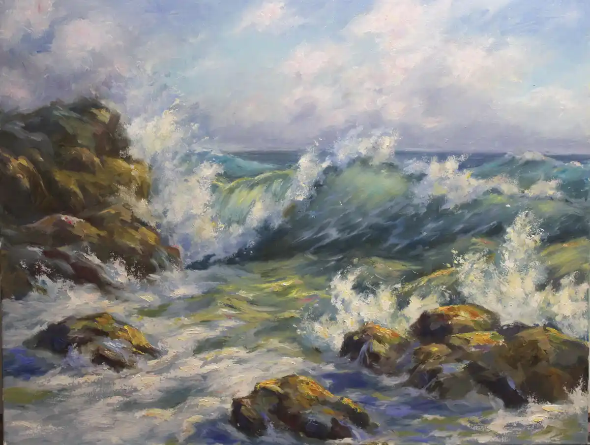 An oil painting depicts turbulent ocean waves crashing against rugged, mossy rocks under a cloudy sky. The overlaid text…
