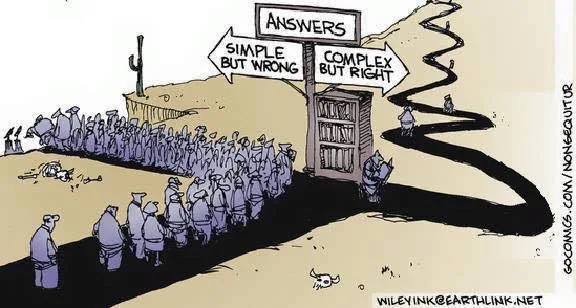 A cartoon depicts a desert scene with a wooden gate labeled 'ANSWERS'. Two paths diverge: one labeled 'SIMPLE BUT WRONG'…