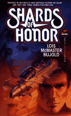 The image is the cover of Lois McMaster Bujold's science fiction novel 'Shards of Honor'. It features a dramatic…