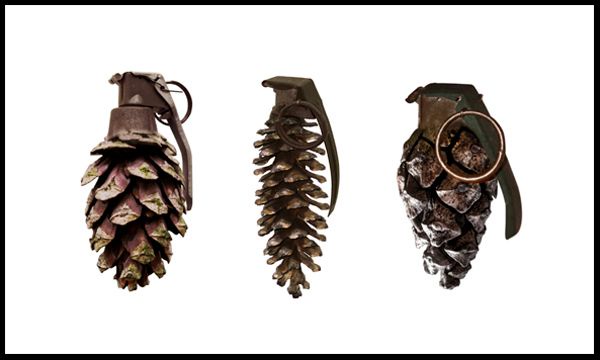Three pinecones are arranged side-by-side against a white background, each progressively more modified to resemble a hand…