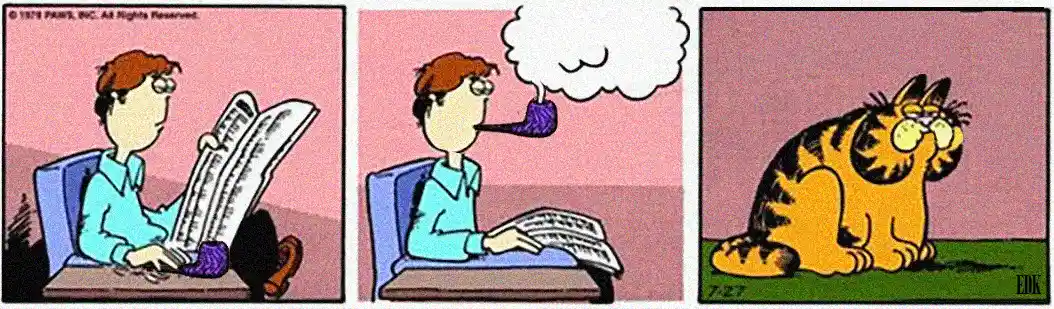 A three-panel comic strip shows a man reading a newspaper, then smoking a pipe while thinking, and finally a cat looking…