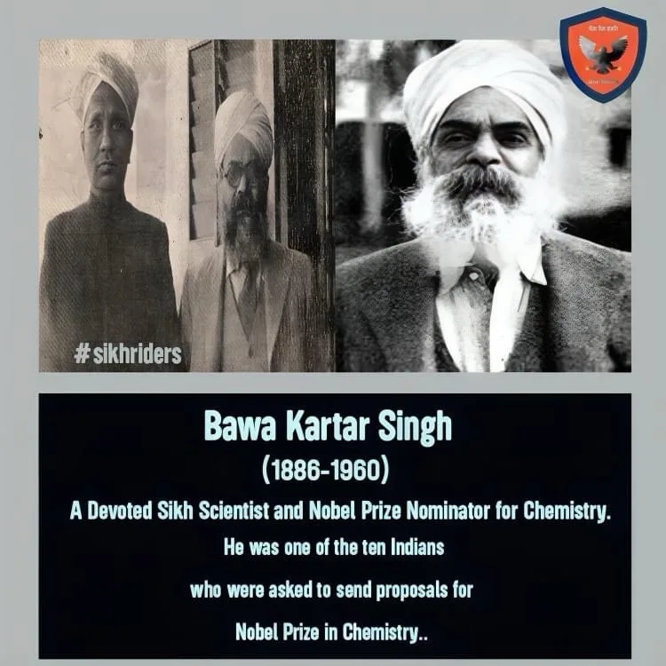 A black-and-white image displays three Sikh men wearing turbans, with the rightmost man prominently featured. Overlaid text…