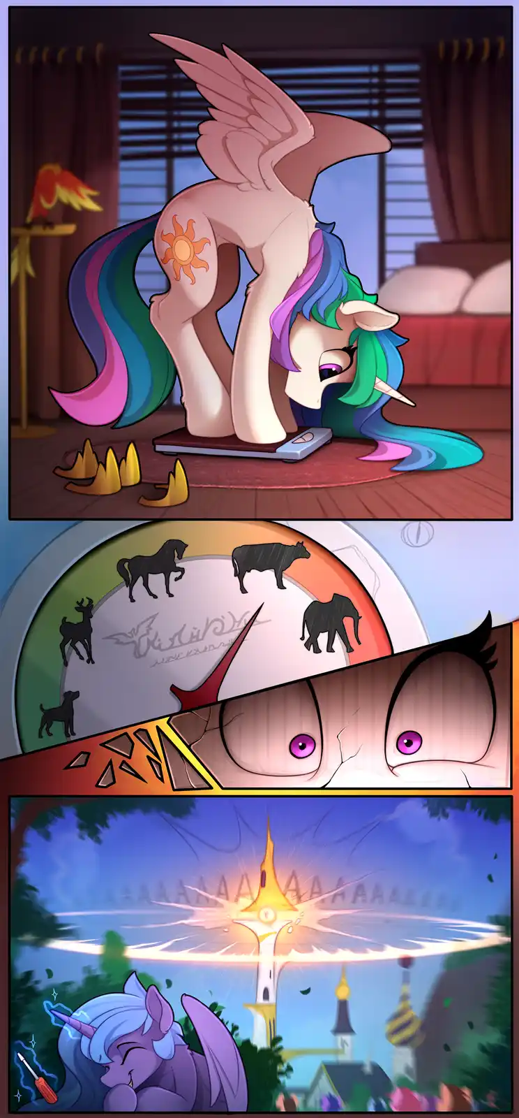A three-panel comic strip featuring a winged unicorn with a sun tattoo on its flank standing on a scale in a room, then a…