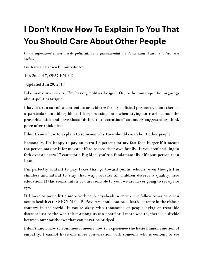 A screenshot of a 2017 article by Kayla Chadwick titled 'I Don't Know How To Explain To You That You Should Care About Other…