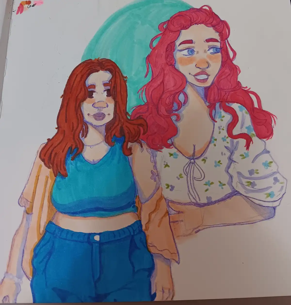A hand-drawn illustration shows two young women with red hair standing side by side against a teal circular background. The…