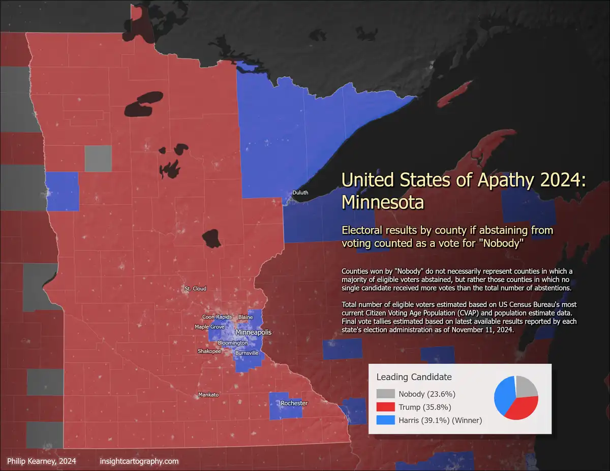 A map of Minnesota colored red, blue, and gray to show a fictional election where 'Nobody' wins in some counties due to…