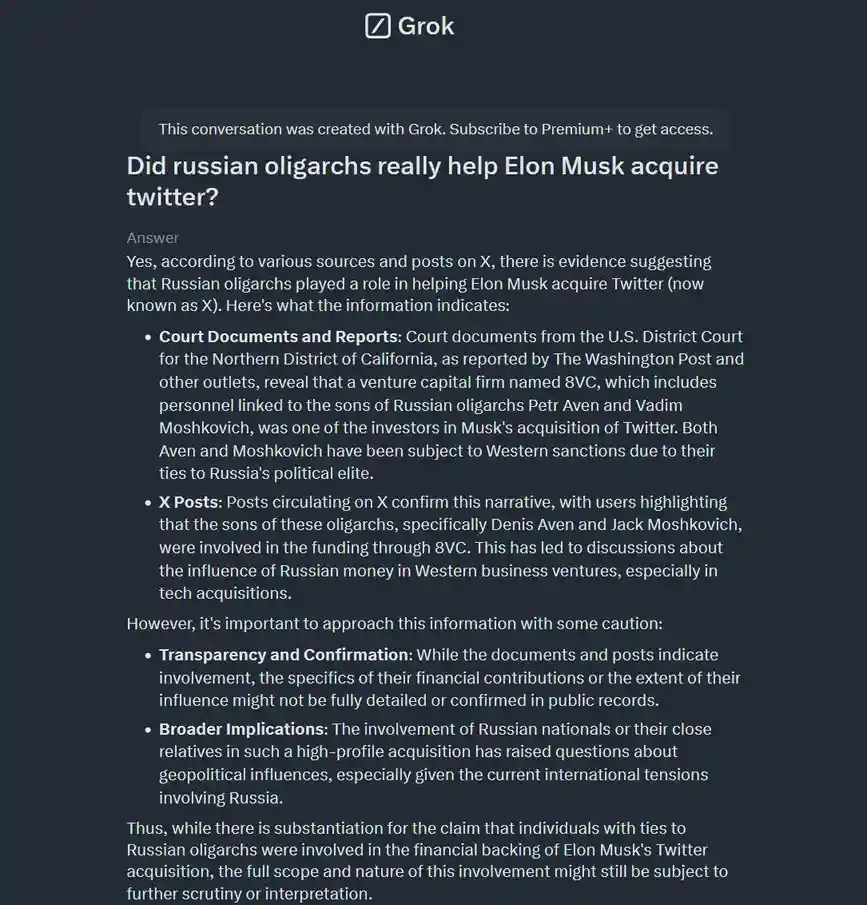 Elon Musk's AI Chatbot 'Grok': Did Russian Oligarchs Influence His Twitter Acquisition?