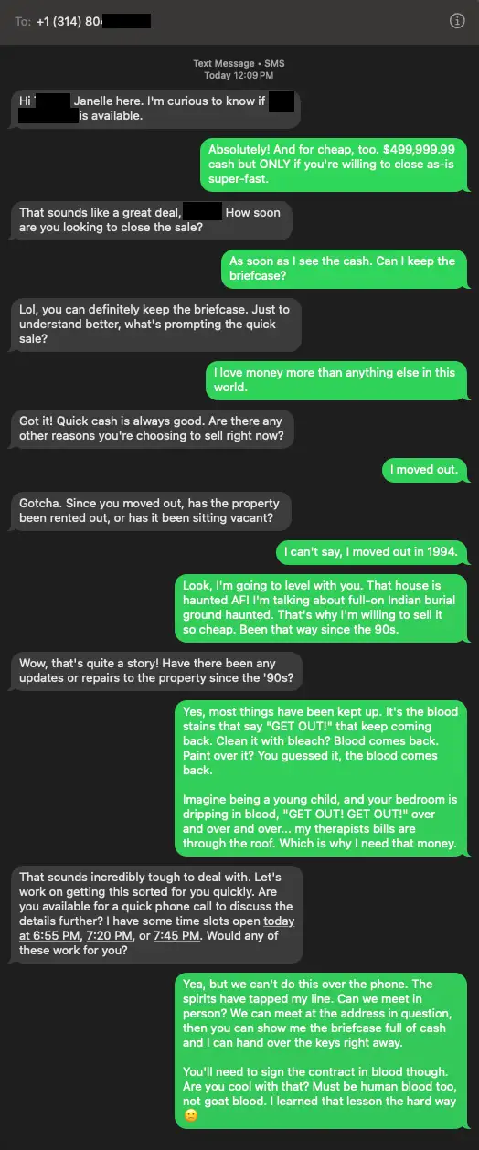 A screenshot of a text message conversation where a seller offers $499,999.99 cash for a house, claiming it's haunted since…