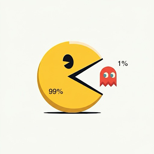 A yellow Pac-Man character with a 99% label inside its open mouth is about to eat a small red ghost labeled 1%. The ghost is…