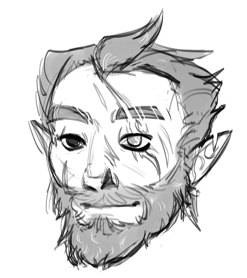 A black-and-white sketch of a male elf-like character with pointed ears, a beard, and a stern expression. The text overlaid…