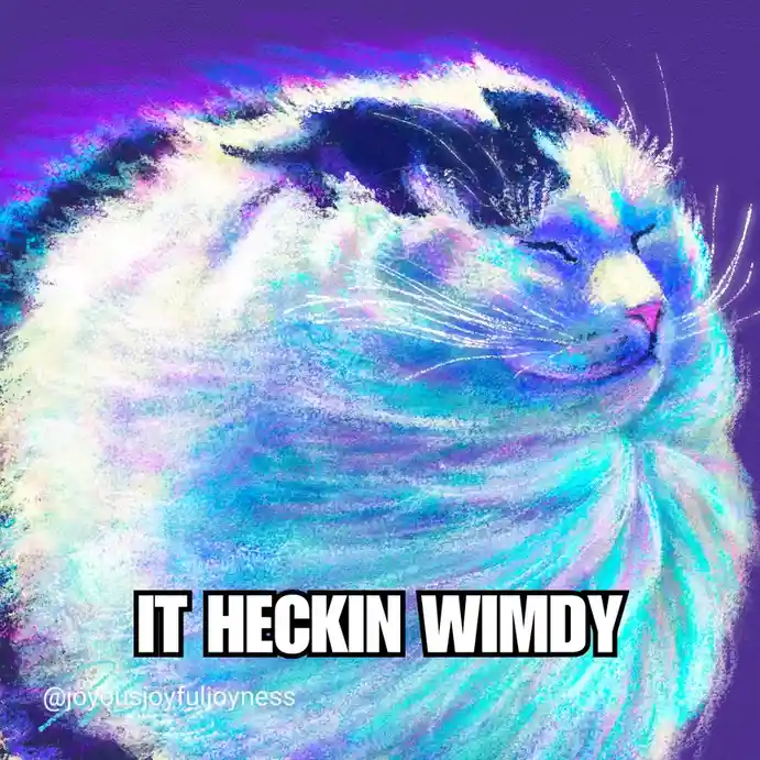 A stylized, colorful drawing of a cat's face with closed eyes and a serene expression, rendered in vibrant purples, blues…