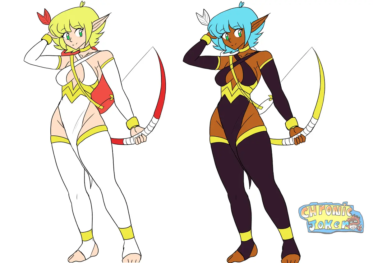 Two anime-style female characters with pointed ears and tails stand side-by-side, each holding a curved staff. The character…