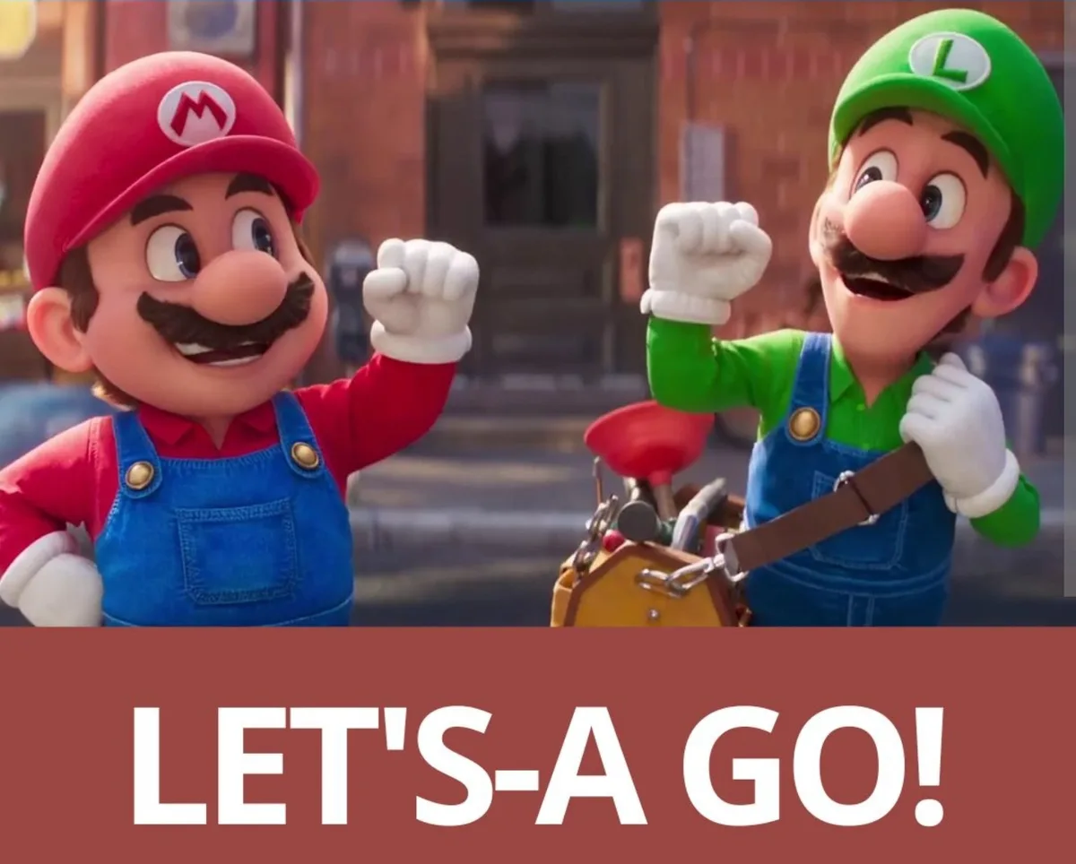 Two animated characters, Mario in red and Luigi in green, both wearing blue overalls and white gloves, stand side by side…