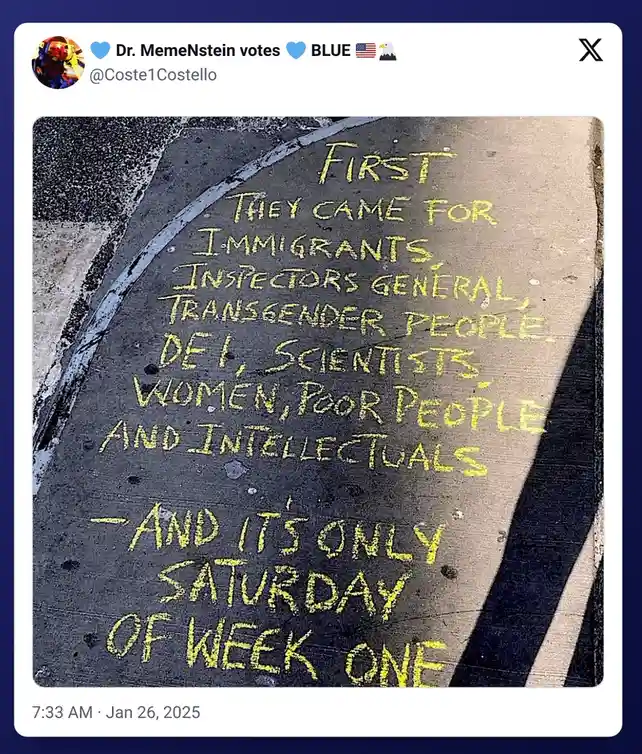 A close-up photo shows yellow chalk writing on a dark asphalt surface, listing groups like 'immigrants', 'transgender…
