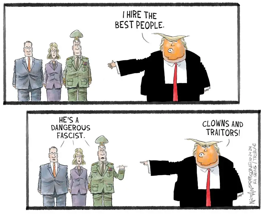 A two-panel political cartoon shows a caricature of Donald Trump in a suit and red tie pointing at three people standing in…