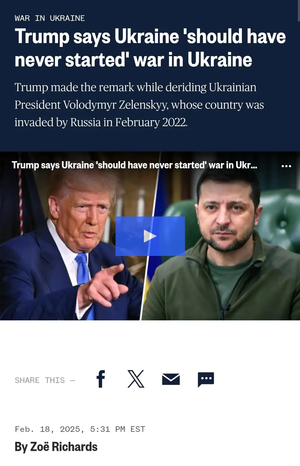 A screenshot of a news article shows a split image of Donald Trump pointing and Volodymyr Zelenskyy looking forward. The…