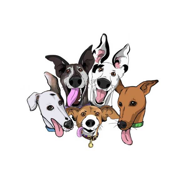 A cartoon illustration of five different dog breeds with their heads peeking out from the bottom of the frame, all with…