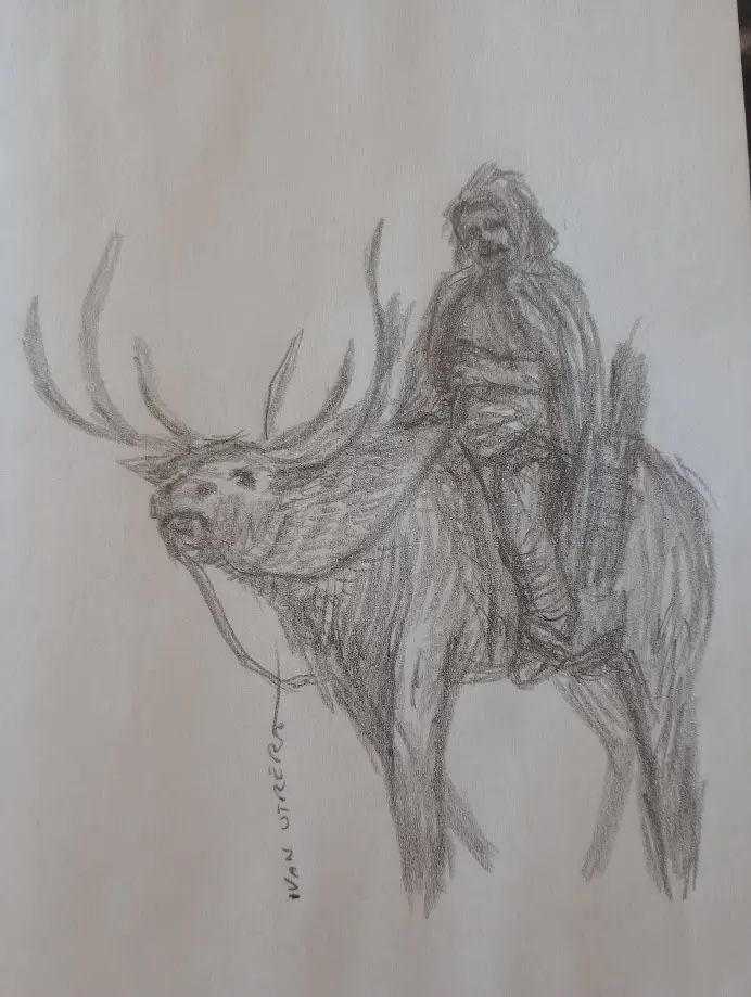 A pencil sketch depicts a hooded, grim-looking figure riding a large, antlered deer-like creature. The rider has a gaunt…